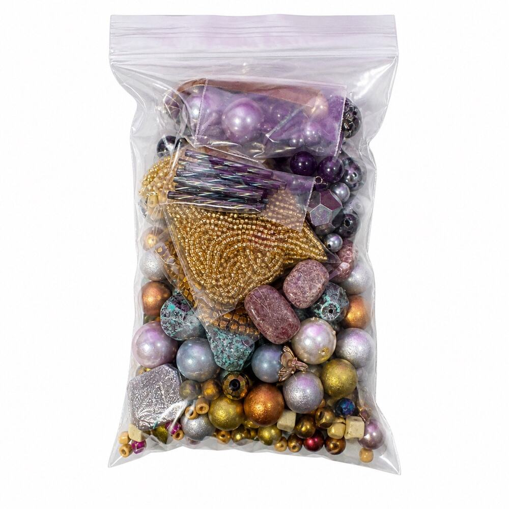 Mixed Craft Bead Lot Purple Gold Iridescent Assorted Jewelry Making Bulk Bag